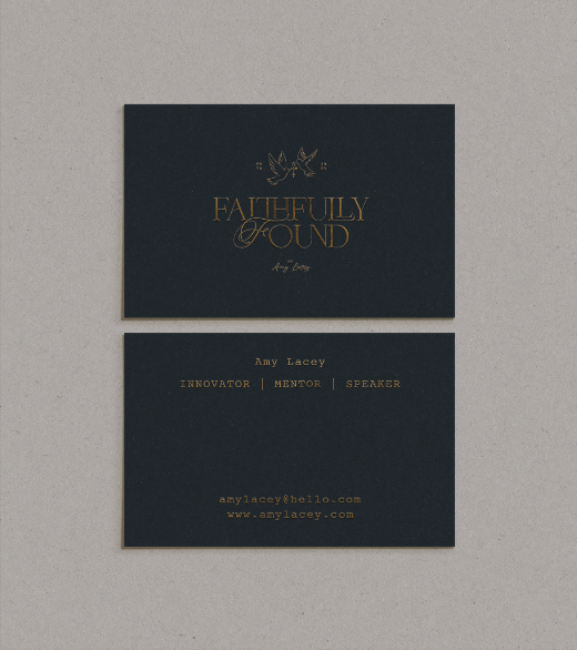Faithfully Found business card mockup in dark blue with gold lettering