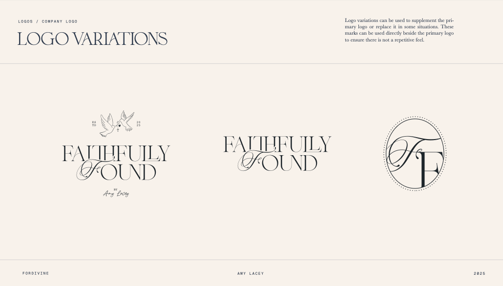 Faithfully Found logo variations, dove emblem, and FF monogram