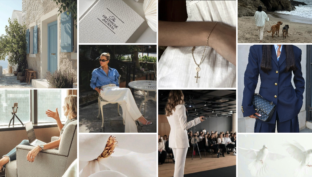Amy’s mood board with soft neutrals, blue tailoring, a cross, speaking, and coastal imagery