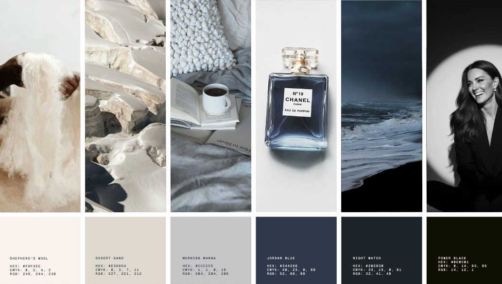 Amy’s palette: Shepherd’s Wool, Desert Sand, Morning Manna, Jordan Blue, Night Watch, and Power Black