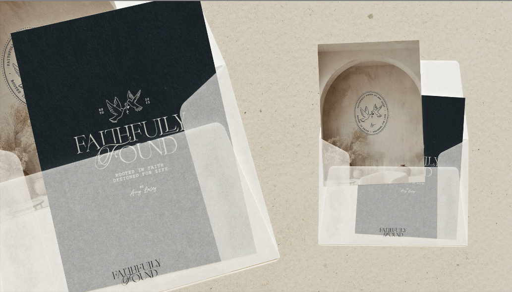 Faithfully Found stationery presentation with translucent envelopes and branded inserts