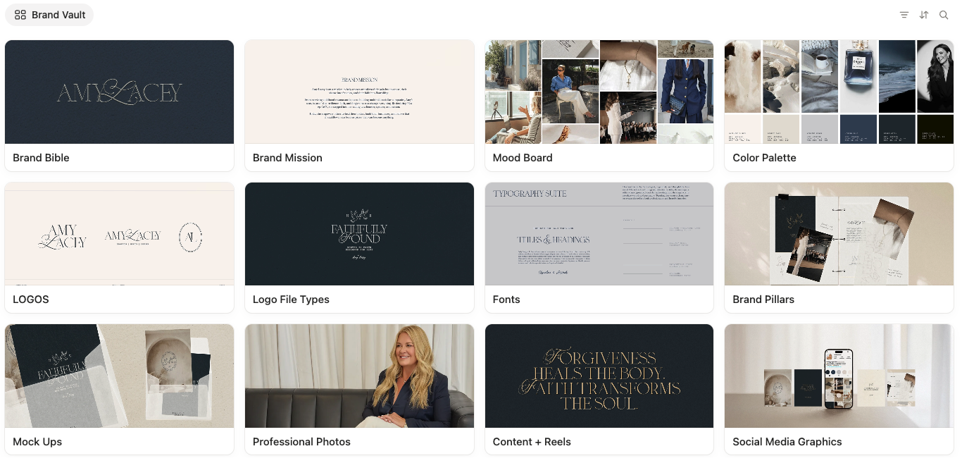 Amy Lacey’s Brand Vault with brand strategy, visual identity, photography, and content assets