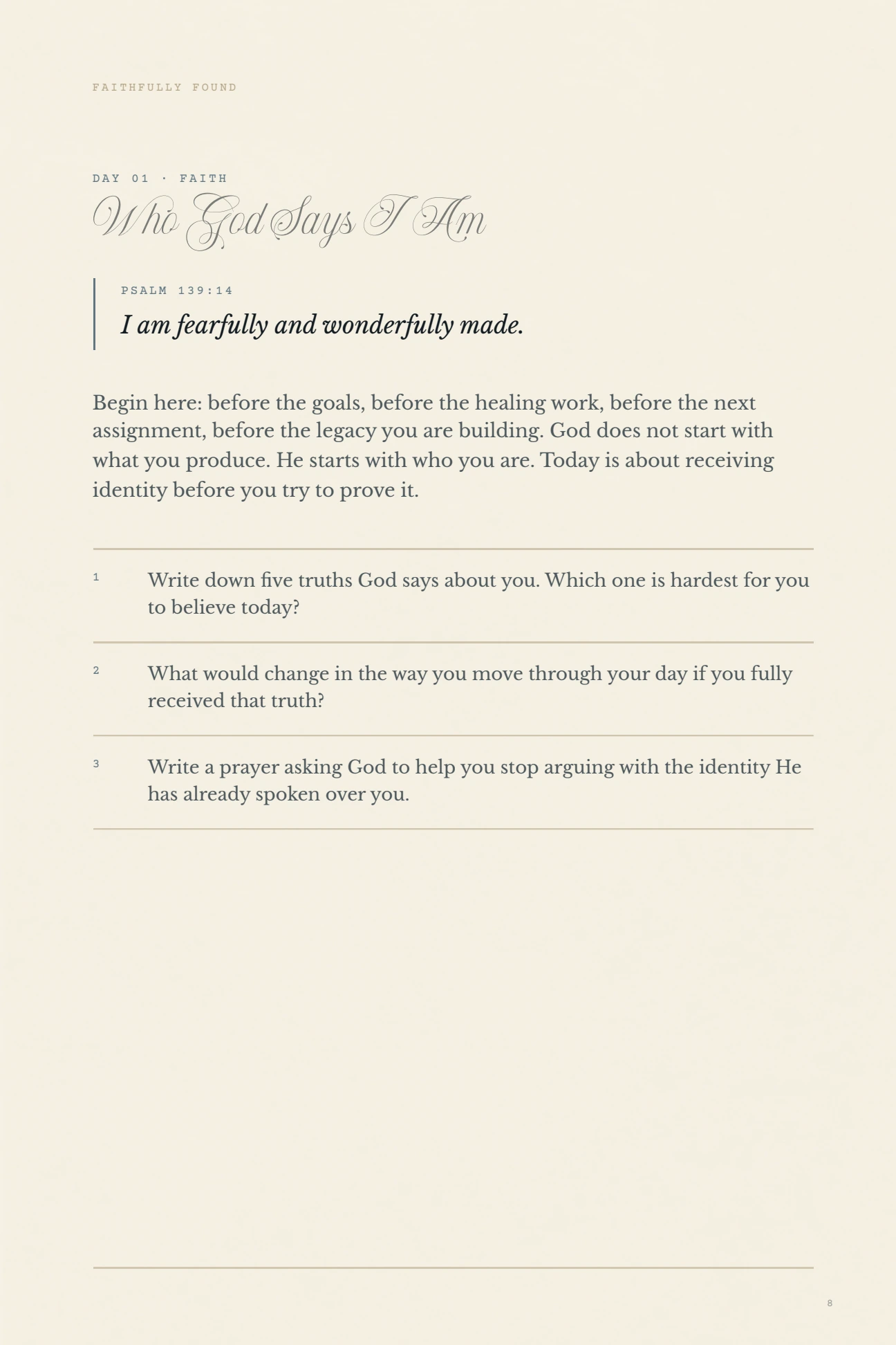 Faithfully Found journal, page 8: Day 01: Who God Says I Am
