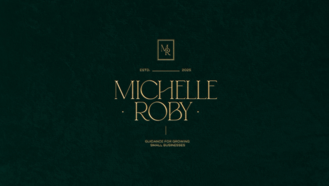 Michelle Roby’s gold wordmark and monogram on a deep green textured background