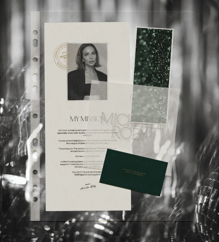 Michelle Roby’s mission statement, portrait, and branded stationery in an editorial arrangement