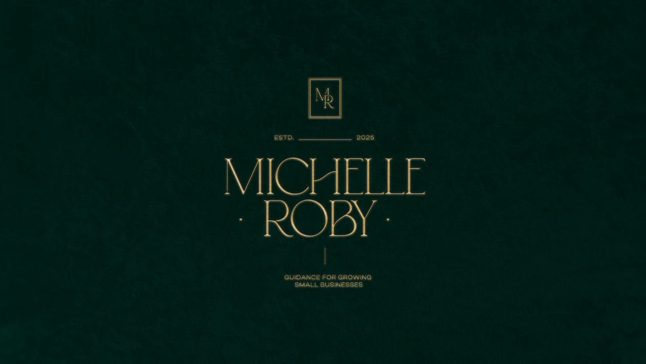 Michelle Roby’s gold wordmark and monogram on a deep green textured background