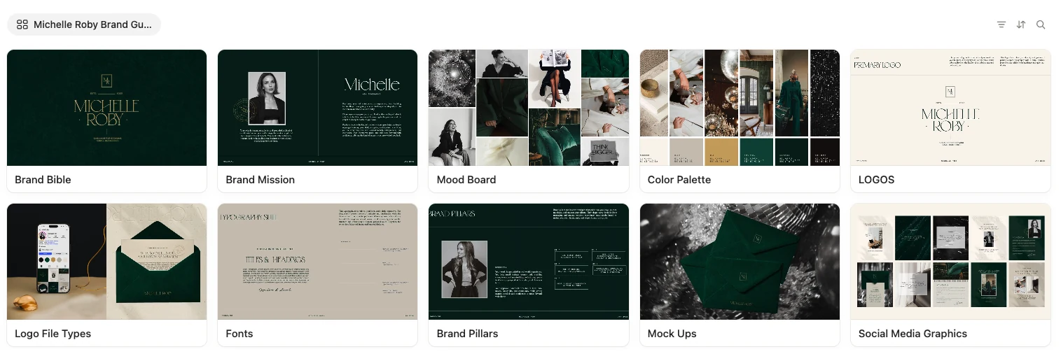 Michelle Roby’s Brand Vault with her brand bible, mission, mood board, color palette, logos, logo file types, fonts, brand pillars, mockups, and social media graphics