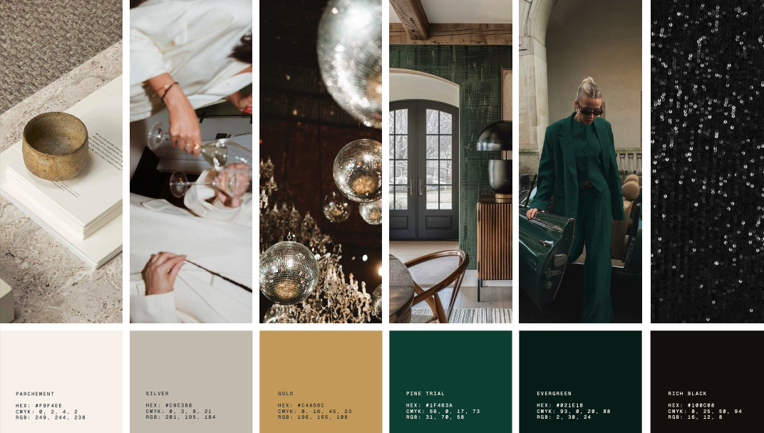 Michelle Roby’s color palette: Parchment, Silver, Gold, Pine Trial, Evergreen, and Rich Black