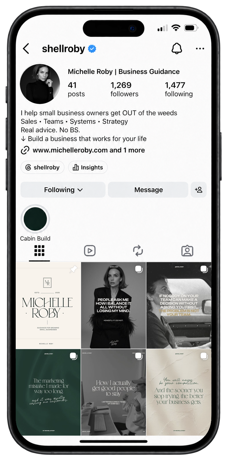 After: Michelle’s business guidance profile with branded posts, 41 posts and 1,269 followers.