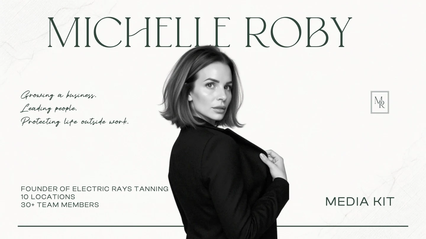 Michelle Roby’s media kit featuring her portrait and her leadership of Electric Rays Tanning
