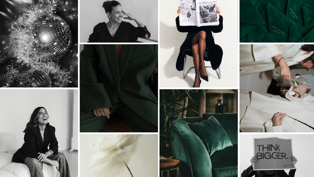 Michelle Roby’s mood board combining deep green textures, gold accents, and black and white imagery