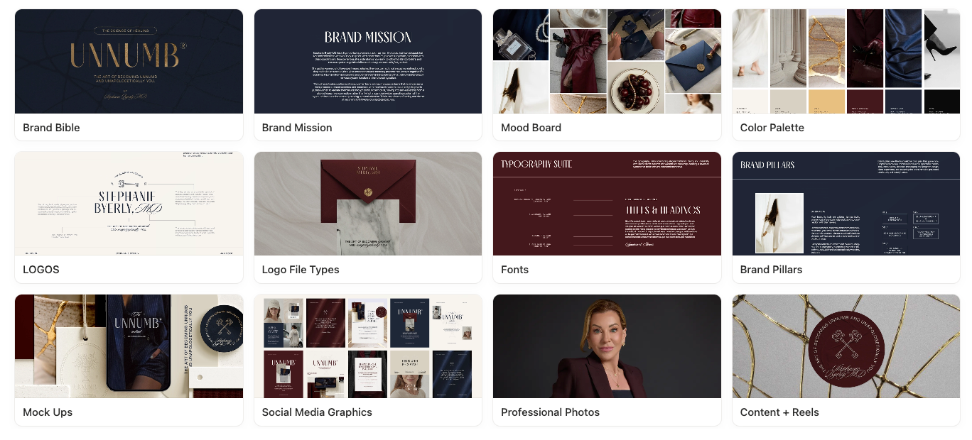 Stephanie Byerly’s Brand Vault with her UNNUMB brand bible, mission, mood board, color palette, logos, fonts, brand pillars, mockups, social graphics, professional photos, and content