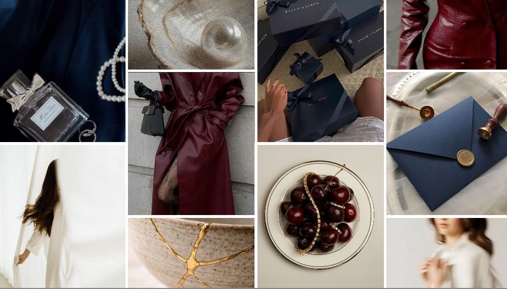 Stephanie Byerly’s brand mood board in navy, burgundy, cream, and gold
