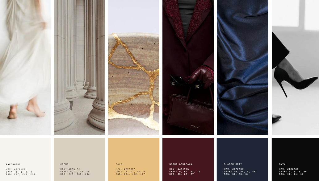Stephanie’s brand color palette with parchment, creme, gold, night bordeaux, shadow gray, and onyx